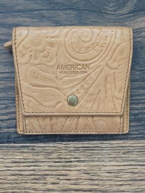 American Leather Co Embossed Floral Leather Wallet Coin Purse, Tan, Brown